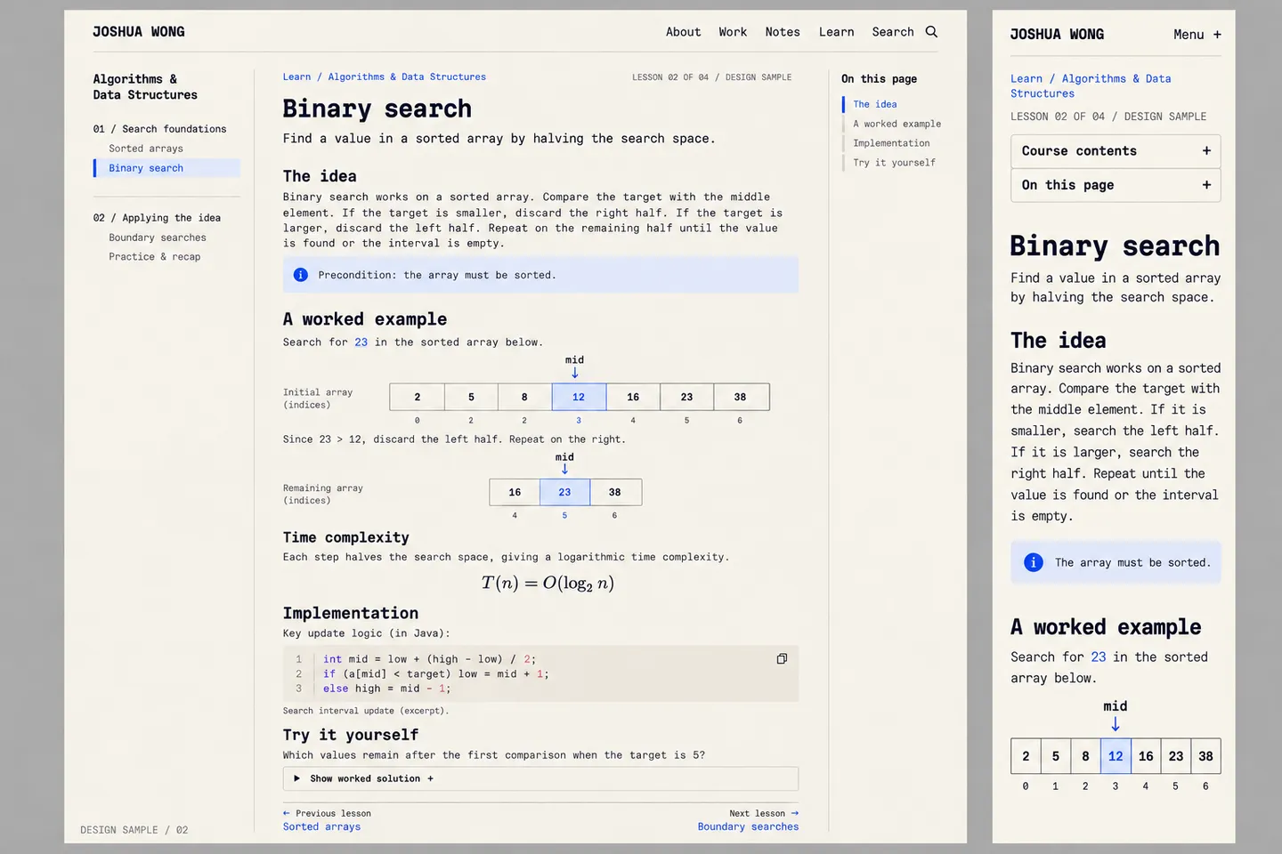 Approved lesson layout: desktop course sidebar and contents list; phone with large reading text and collapsible navigation.